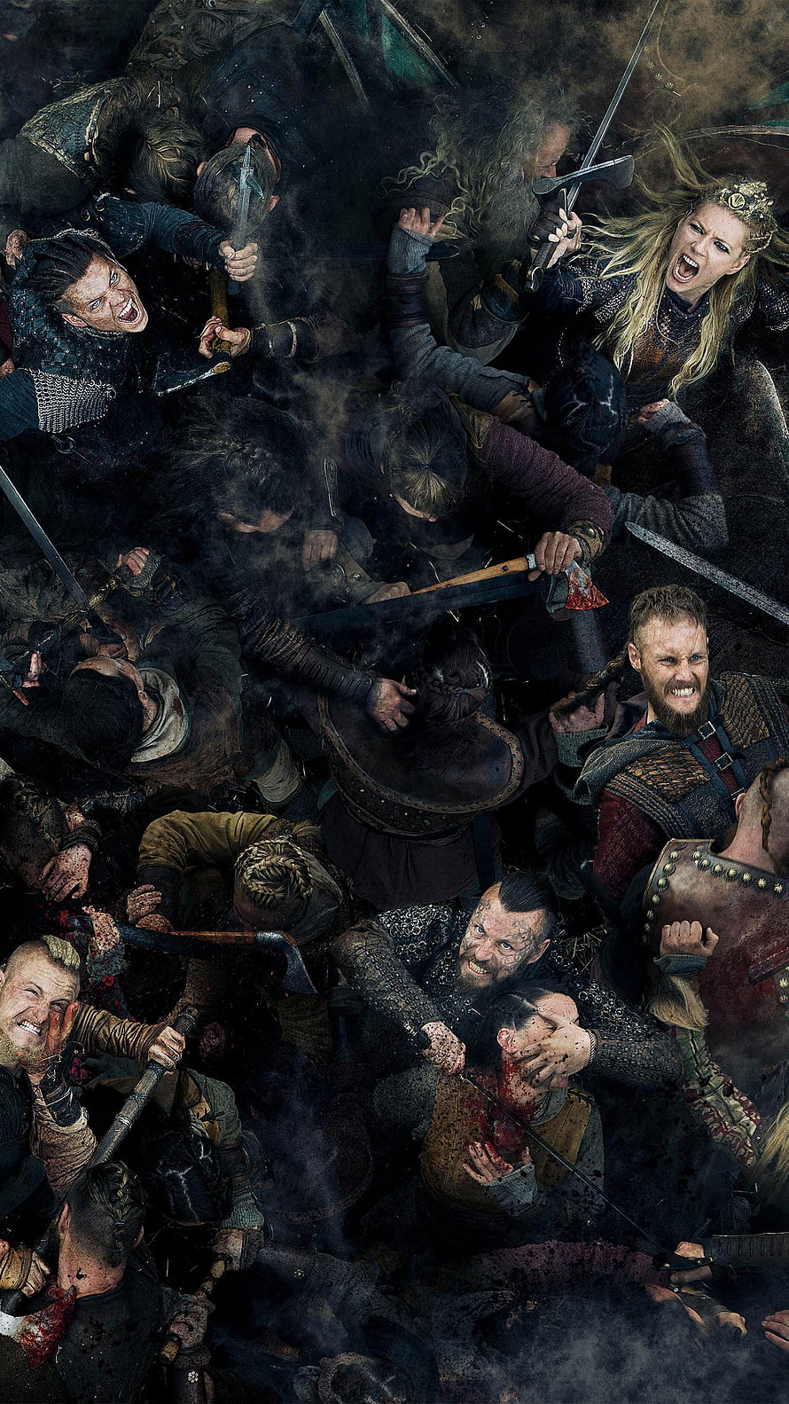 Vikings Battle Scene with Ragnar Lothbrok and Warriors in Intense Combat HD phone wallpaper