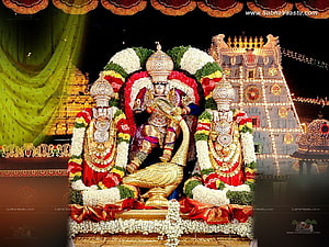 Lord Venkateswara Swamy Temple Deity with Flower Garland and Gopuram HD wallpaper