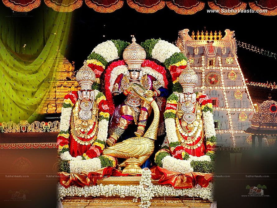 Lord Venkateswara Swamy Temple Deity with Flower Garland and Gopuram HD wallpaper