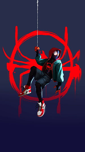Miles Morales Spider-Man Hanging on Web with Red Graffiti Background, Spider man Miles Morales Into the spider verse marvel ultimate, spider man drip HD phone wallpaper