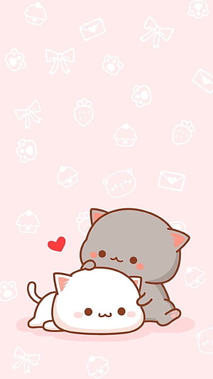 Mochi Mochi Peach Cat and Goma Cuddling on Soft Pink Background with Cute Pattern HD phone wallpaper