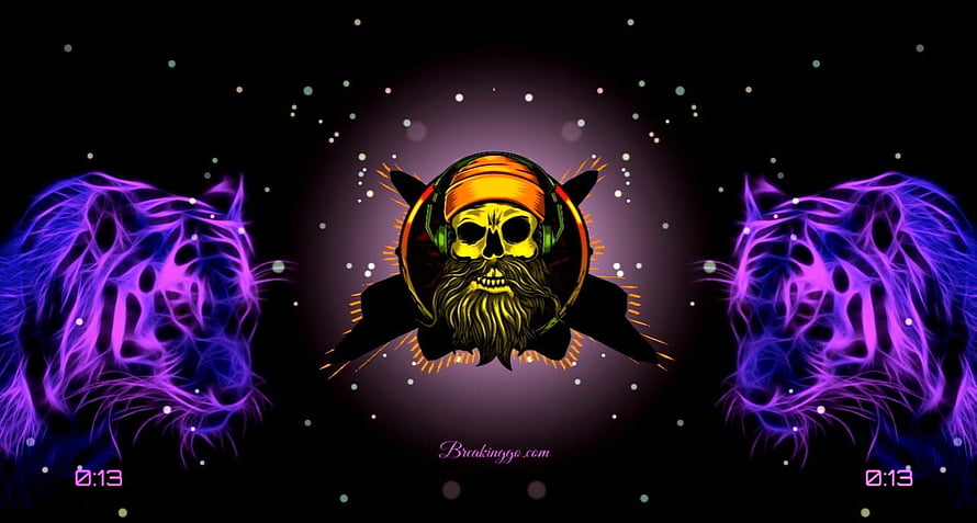 Neon Skull With Headphones And Purple Tigers HD wallpaper