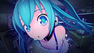 Hatsune Miku Anime Character in a Dimly Lit Room with Teal Hair and Headphones HD wallpaper