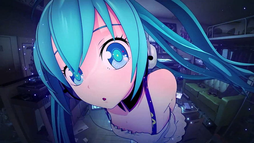 Hatsune Miku Anime Character in a Dimly Lit Room with Teal Hair and Headphones HD wallpaper