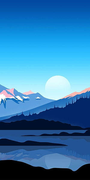 Minimalist Vector Landscape With Blue Mountains And Lake Reflection HD phone wallpaper