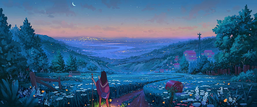 Anime Girl Watching Distant City Lights From Hilltop At Twilight HD wallpaper