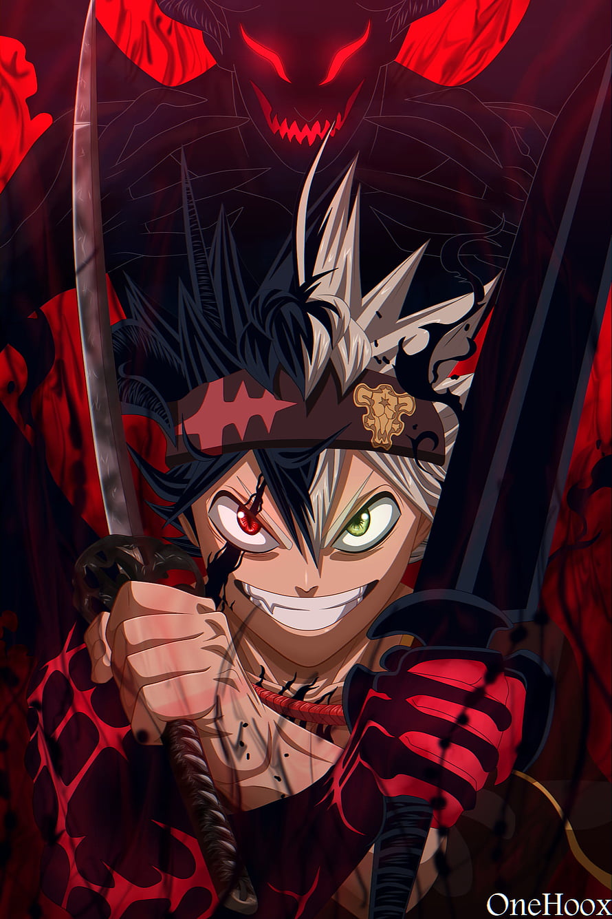 Eustass Kid wielding dual swords with menacing grin and red demon aura background HD phone wallpaper