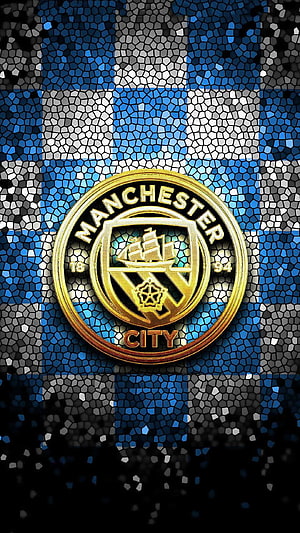 Manchester City FC Golden Crest on Blue and White Mosaic Background, man city 2022, #Man City HD phone wallpaper
