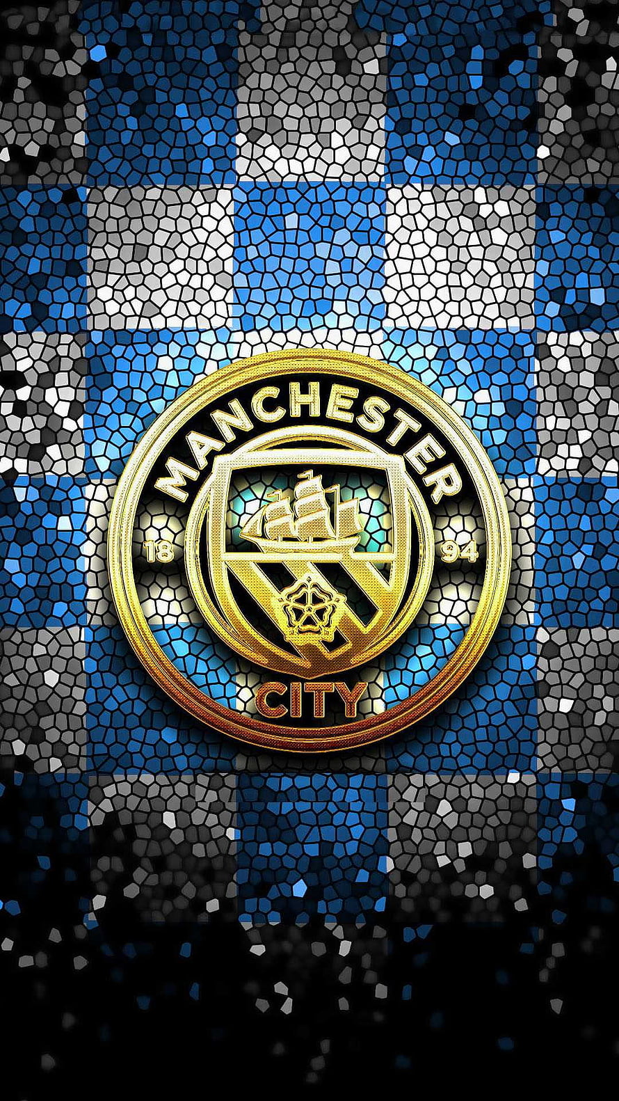 Manchester City FC Golden Crest on Blue and White Mosaic Background, man city 2022, #Man City HD phone wallpaper