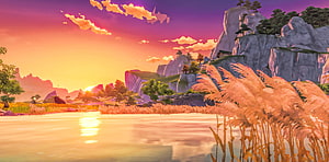 Genshin Impact Serene Sunset Landscape with Calm Lake and Rocky Cliffs HD wallpaper