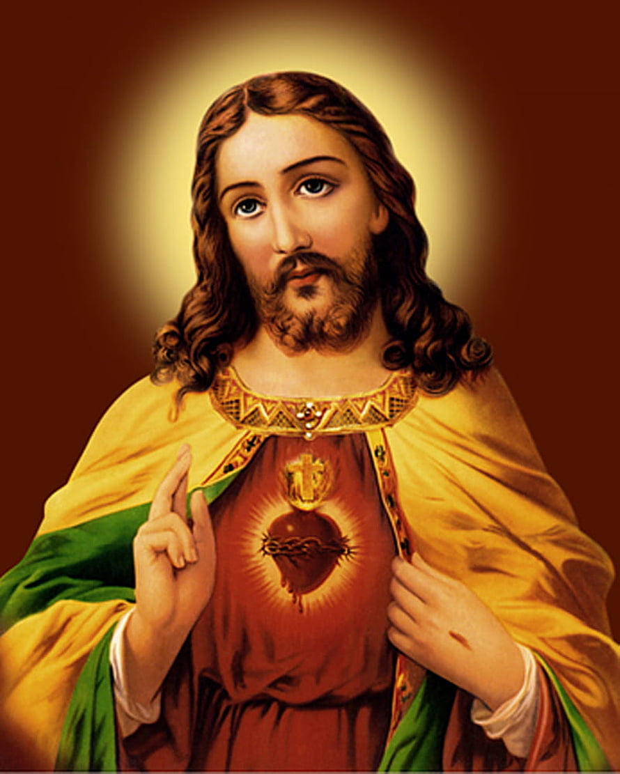 Sacred Heart of Jesus Religious Portrait with Halo and Traditional Iconography HD phone wallpaper