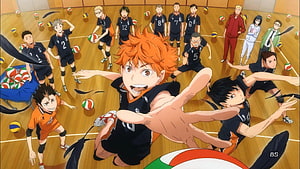 Haikyuu!! Anime Team Training Scene with Volleyballs and Dynamic Action HD wallpaper