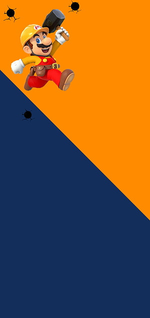 Mario in Construction Outfit with Hammer on Orange and Blue Background HD phone wallpaper