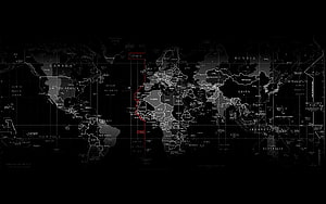 Dark World Map with Time Zone Grid and Red Route Overlay HD wallpaper