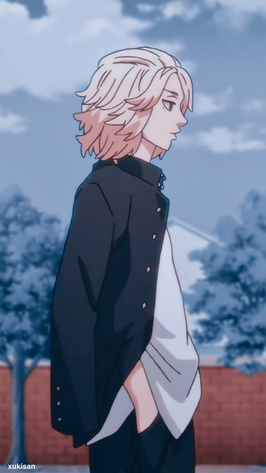 Anime Boy With Pink Hair In School Uniform Standing Outside HD phone wallpaper