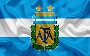Argentina National Football Team Crest on Waving Sky Blue and White Flag HD wallpaper