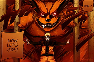 Naruto Uzumaki in Nine-Tails Chakra Mode with Kurama Behind Him HD wallpaper