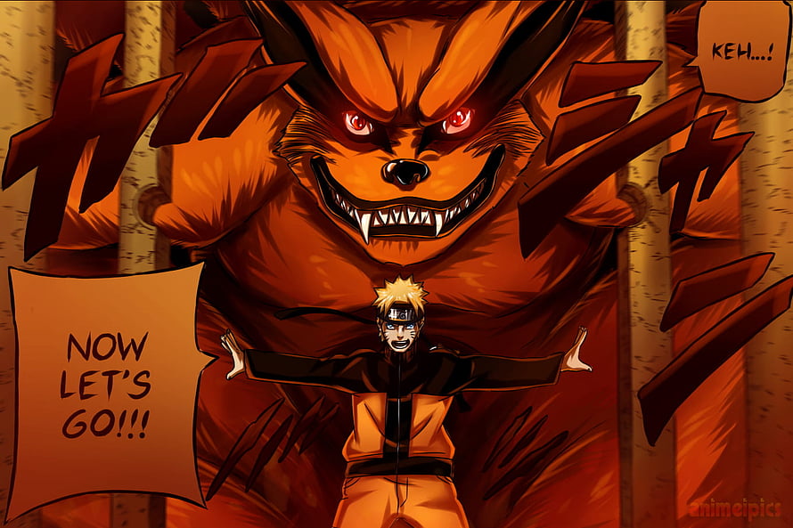 Naruto Uzumaki in Nine-Tails Chakra Mode with Kurama Behind Him HD wallpaper