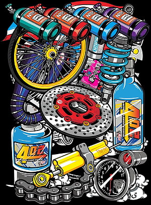 Vibrant Nitrous Oxide System Illustration Featuring Racing Wheels, Springs, and Mechanical Components HD phone wallpaper