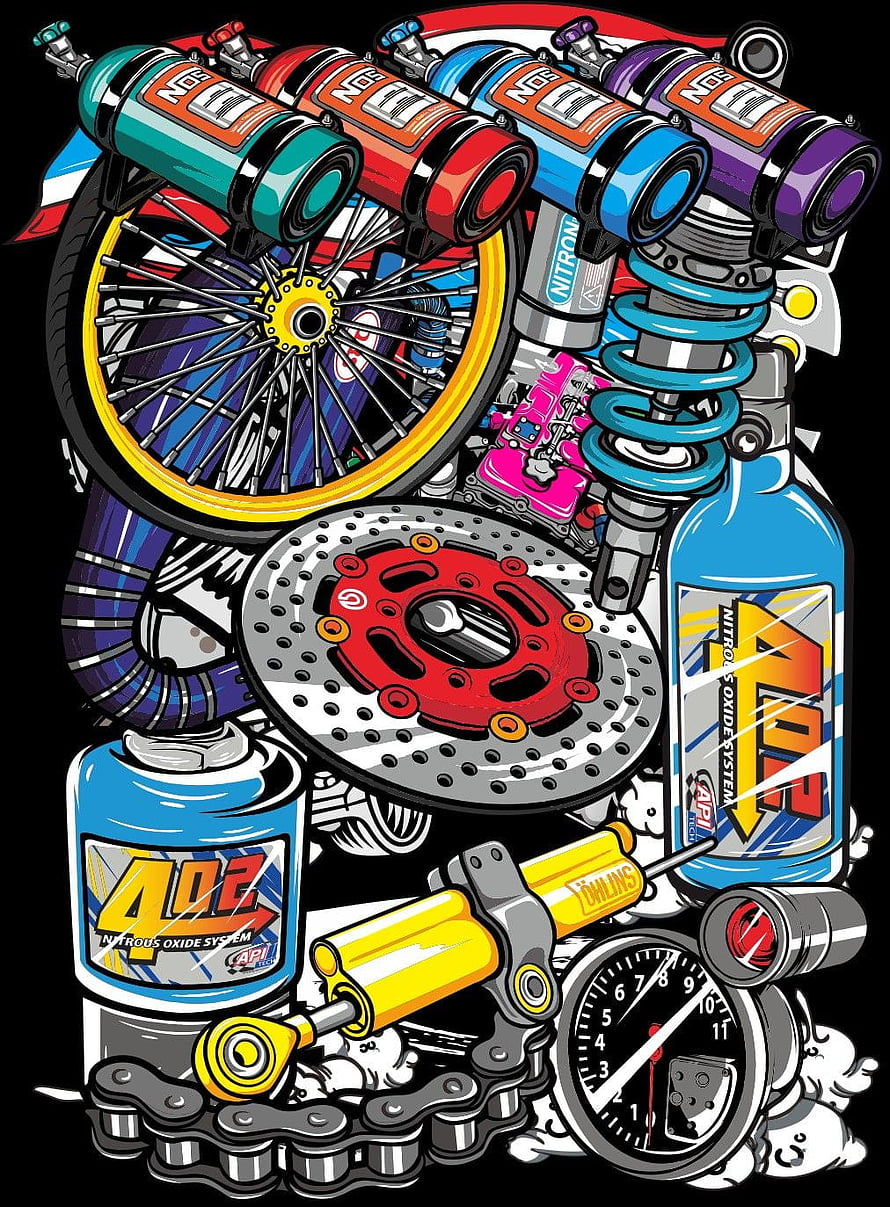 Vibrant Nitrous Oxide System Illustration Featuring Racing Wheels, Springs, and Mechanical Components HD phone wallpaper