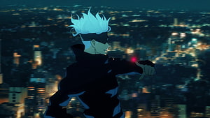 Satoru Gojo from Jujutsu Kaisen overlooking a sprawling cityscape at night HD wallpaper