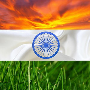 Indian Flag With Ashoka Chakra Against Sunset Sky And Green Grass HD phone wallpaper