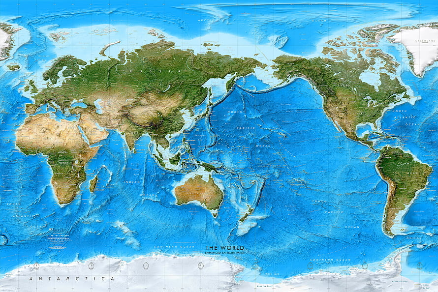 Physical World Map with Satellite Imagery and Topographic Relief HD wallpaper