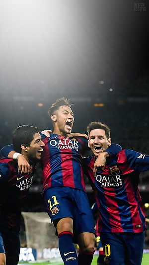 Lionel Messi, Neymar Jr, and Luis Suarez celebrating a goal in FC Barcelona kits HD phone wallpaper