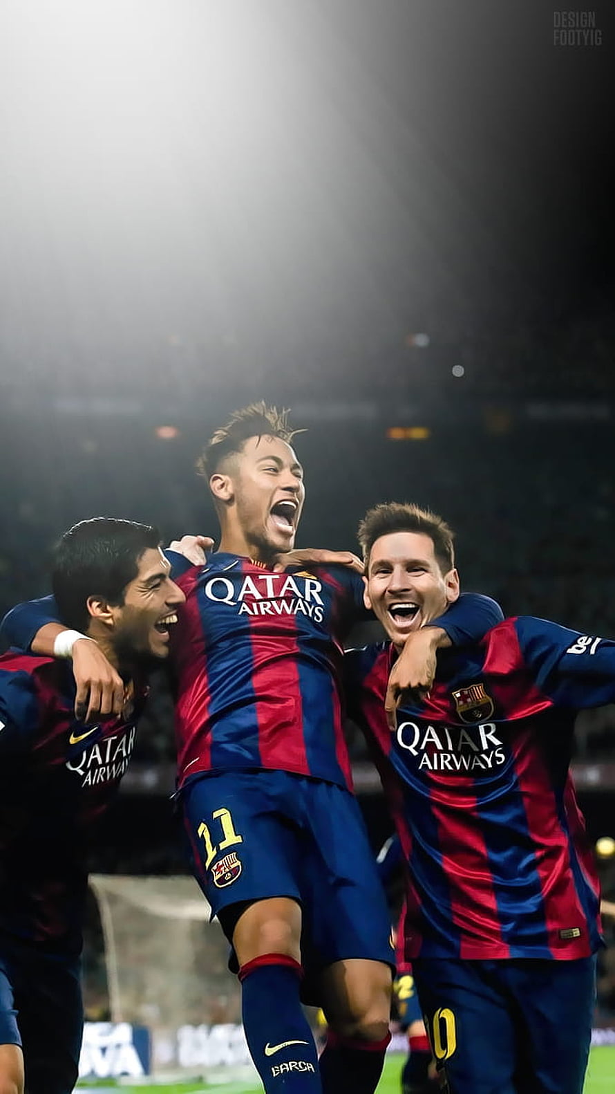 Lionel Messi, Neymar Jr, and Luis Suarez celebrating a goal in FC Barcelona kits HD phone wallpaper