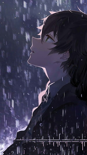 Anime Boy Looking Up In The Rain With A Melancholic Expression HD phone wallpaper