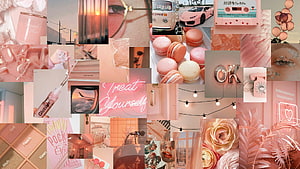 Peach Aesthetic Collage Featuring Macarons, Neon Signs, and Soft Pink Lifestyle Elements HD wallpaper