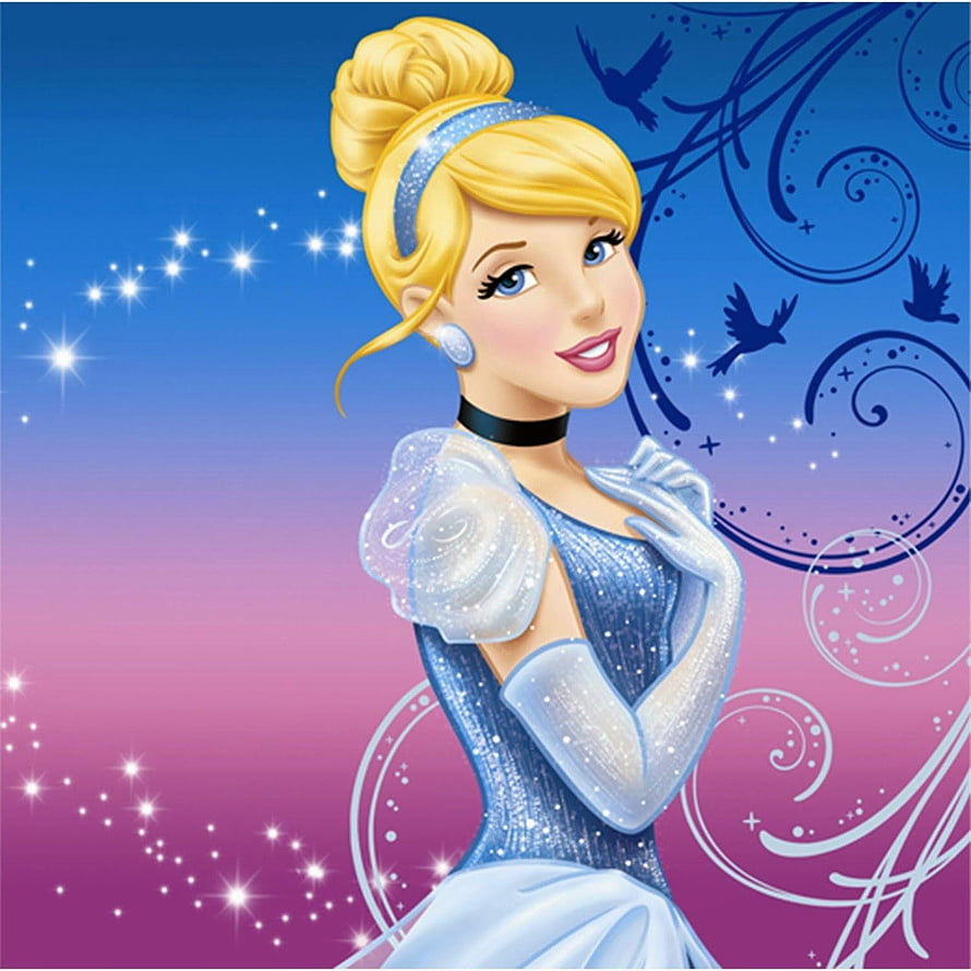 Cinderella in her iconic blue ballgown with sparkling accents and elegant updo against a dreamy gradient sky HD phone wallpaper