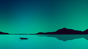 Minimalist Lake Landscape with Silhouetted Mountains and Small Boat in Teal Gradient HD wallpaper