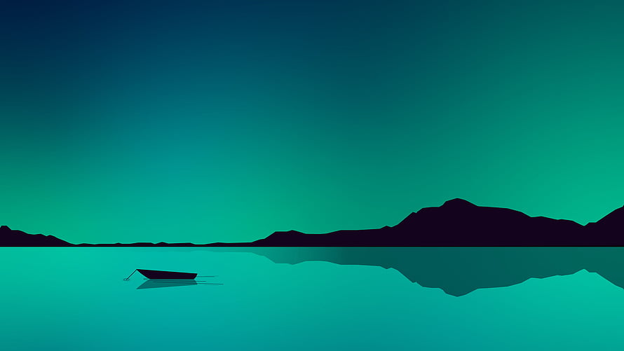 Minimalist Lake Landscape with Silhouetted Mountains and Small Boat in Teal Gradient HD wallpaper