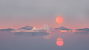 Minimalist Low Poly Iceberg Landscape with Pink Sunset and Calm Water Reflection HD wallpaper