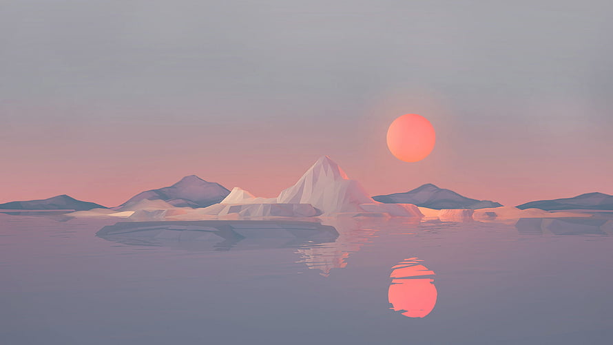 Minimalist Low Poly Iceberg Landscape with Pink Sunset and Calm Water Reflection HD wallpaper