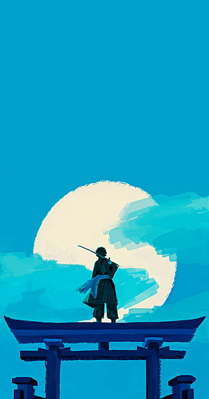 Demon Slayer Tanjiro Kamado Silhouette Standing on Torii Gate Under Full Moon HD phone wallpaper