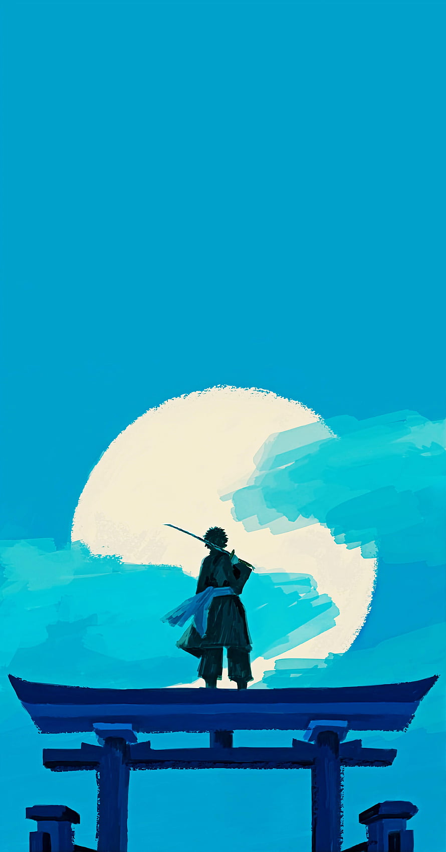 Demon Slayer Tanjiro Kamado Silhouette Standing on Torii Gate Under Full Moon HD phone wallpaper