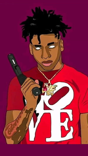 NLE Choppa Anime Style Portrait Holding Pistol in Red Shirt HD phone wallpaper