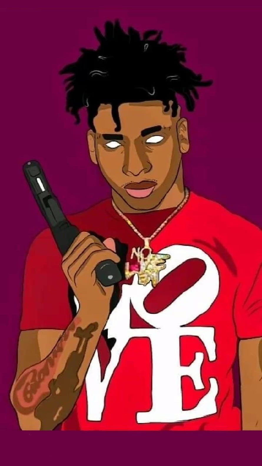 NLE Choppa Anime Style Portrait Holding Pistol in Red Shirt HD phone wallpaper