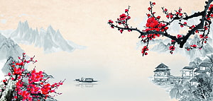 Traditional Chinese Ink Wash Painting with Red Plum Blossoms, Mountains, and a River Boat HD wallpaper