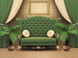 Vintage Green Tufted Sofa in Elegant Victorian Living Room with Ferns and Gold Accents HD wallpaper