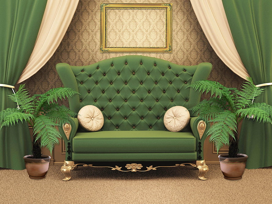 Vintage Green Tufted Sofa in Elegant Victorian Living Room with Ferns and Gold Accents HD wallpaper