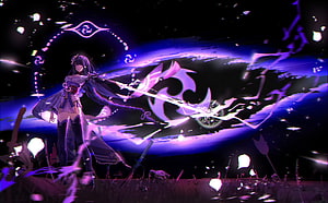 Raiden Shogun unleashing purple lightning in Genshin Impact battle scene HD wallpaper