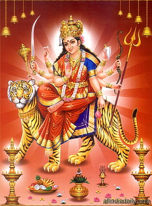 Goddess Durga Riding Tiger with Trishul and Sword Hindu Deity Art HD phone wallpaper