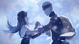 Naruto and Hinata Sharing a Tender Moment in Soft Blue Light HD wallpaper