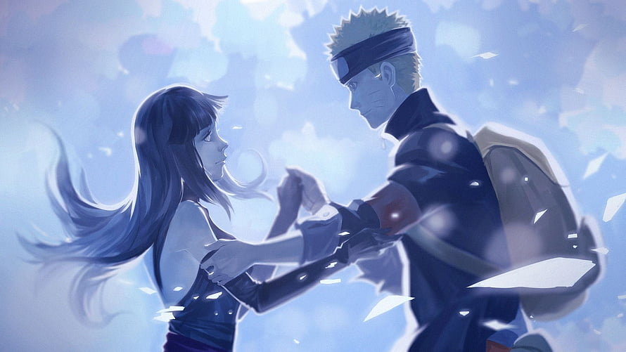 Naruto and Hinata Sharing a Tender Moment in Soft Blue Light HD wallpaper