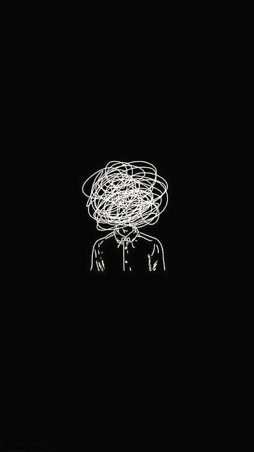 Minimalist Line Art of a Figure with a Tangled Scribble Head on a Black Background HD phone wallpaper