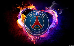 Paris Saint-Germain Crest Enveloped in Vibrant Neon Flames and Smoke HD wallpaper