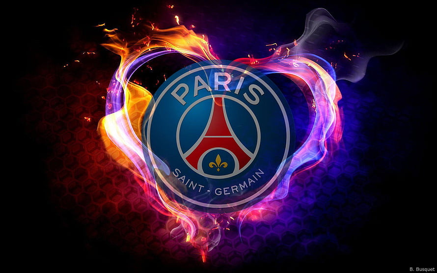Paris Saint-Germain Crest Enveloped in Vibrant Neon Flames and Smoke HD wallpaper